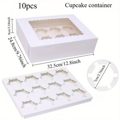 TEMU 10pcs White Paper Cupcake Boxes With Window - 12-hole Bakery Take Out Containers For Birthday, Holiday, Party & Wedding Desserts, Cupcake Container Image