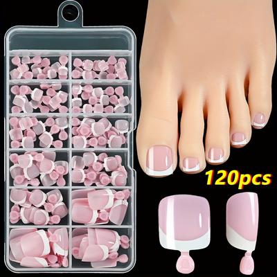 TEMU 120pcs French Tip Press-on Nails - Nude Pink Acrylic Short Square Glossy Fake Nails With Clear Gel Tips For Diy Manicure & Pedicure, At Home, Pedicure Accessories, Versatile Nail Sizes Image