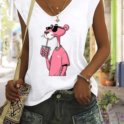TEMU Women's Plus Size White V-neck Tank Top With Fun Graphic - Casual Sleeveless Shirt For Summer & Spring, Machine Washable, Medium Stretch Fabric Image