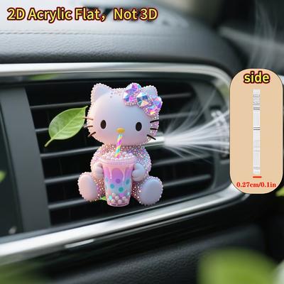 TEMU 2d Flat 1pc/2pcs, Drinking Milk Tea For Hello Kitty Acrylic Flat Car Air Freshener - Long-lasting Fragrance Vent Clip Diffuser And Decorative, Smell Riding Experience Image