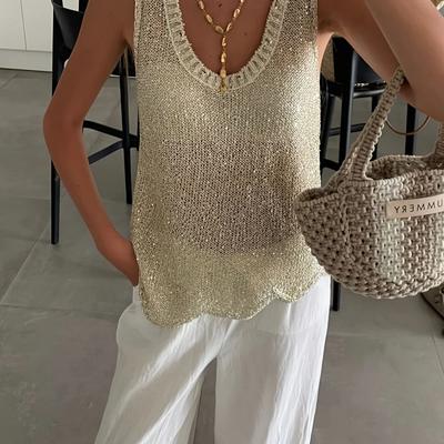 TEMU Women's Spring Summer Sleeveless Top With Golden Sequin Detail - Semi-sheer Round Neck Vacation Shirt, Lightweight Beachwear & Outfits Image