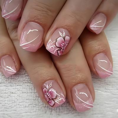 TEMU 24pcs Elegant -on Nails Set, Short Square Shape, Pink Design With Silvery Glitter, , Removable Nail Art Kit For Women And Girls, Includes Jelly Glue & Nail File Image
