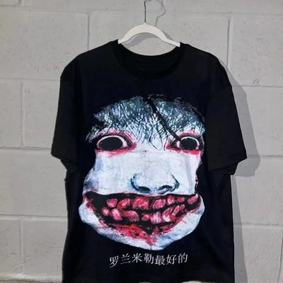 TEMU Men Women Goth Style Short Sleeve Streetwear Y2k Tops Harajuku Retro Drolandmiller Face Print Graphic T Shirts Image