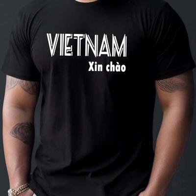 "TEMU Men's Casual Vietnam Print T-shirt - Short Sleeve Summer Tee With "vietnam" Graphic In White, Black Polyester , Round Neck, Machine Washable, Tshirt | Graphic Tee | Smooth Texture Fabric" Image