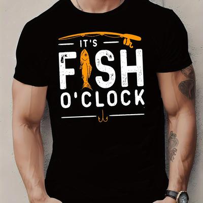 TEMU Men's Casual Short Sleeve T-shirt With Geometric Fish Print, Polyester Knit Fabric, Round Neck, Regular Fit For Daily And - Summer Lightweight Image