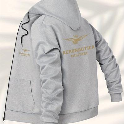 TEMU Men&;s Trendy Aeronautica Military-style Hooded Jacket Golden Eagle Emblem, Zip-up, Regular Fit, Polyester Lining, Casual Streetwear For Men Image