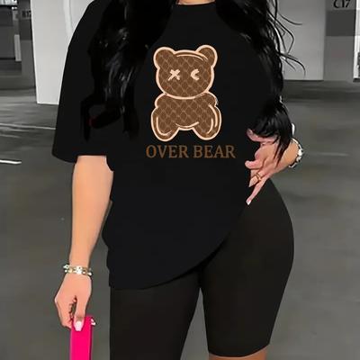 TEMU Fashionable Short-sleeve T-shirt With Bear Print, Casual Round-neck Tee For Women. Image
