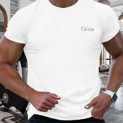 "TEMU Men's Elegant "" Print Short Sleeve T-shirt - Classic British Style, White Crew Neck Casual Summer Tee, Lightweight Polyester, Regular Fit, Casual Attire" Image
