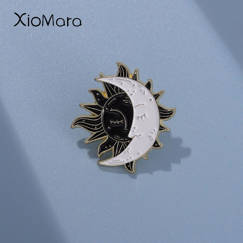 Sonne und Mond Emaille Pins benutzer definierte schwarz weiß Broschen Revers Abzeichen Punk Liebhaber Schmuck Geschenk für Freunde