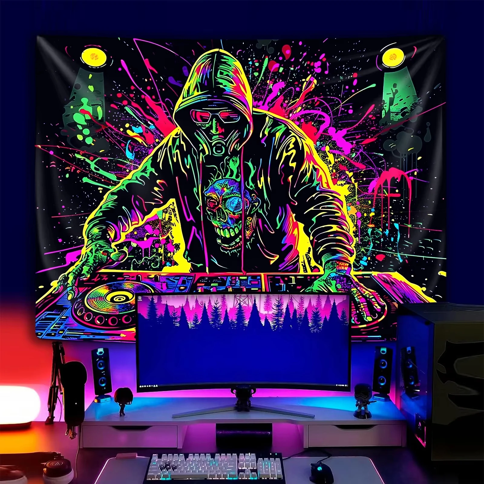 VIKAMA Dazzle Dj Gasmaske Wandteppich Neon Gaming Room Musik Festival Live Room Hipster Schlafzimmer Hintergrund Wanddekoration Image