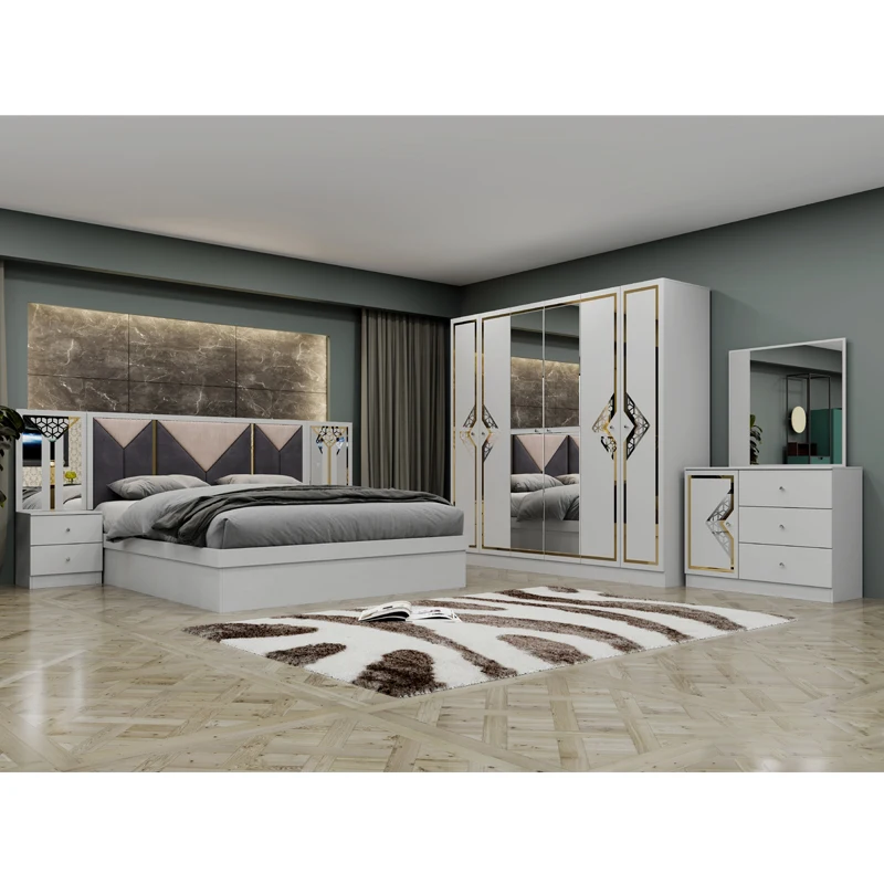 Modernes Kingsize-Bett mit Holzrahmen, Familiensuite, Queensize-Bett, komplettes Luxus-Schlafzimmermöbel-Set aus türkischem Holz