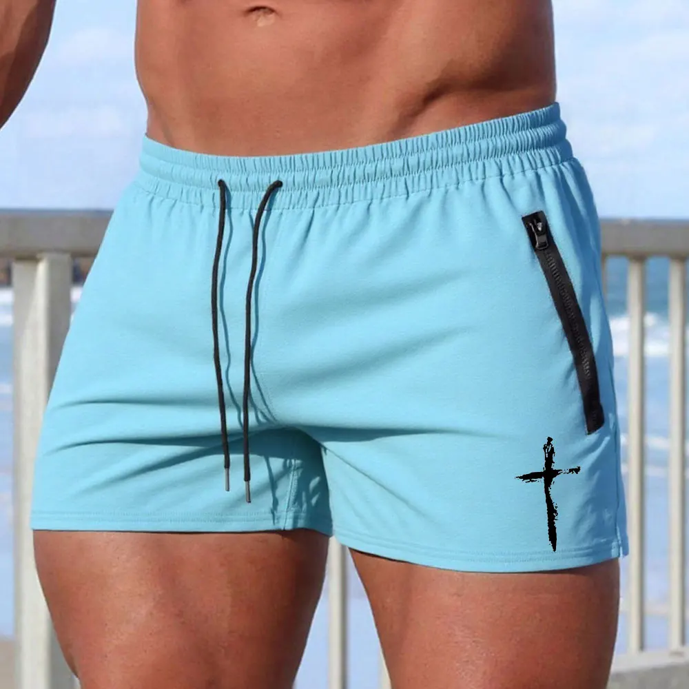 Herren-Strandshorts mit Kreuzmuster, Sommer, schnell trocknend, seitliche Doppelreißverschlusstaschen, Design, Laufen, Basketball, Training, Fitnessstudio
