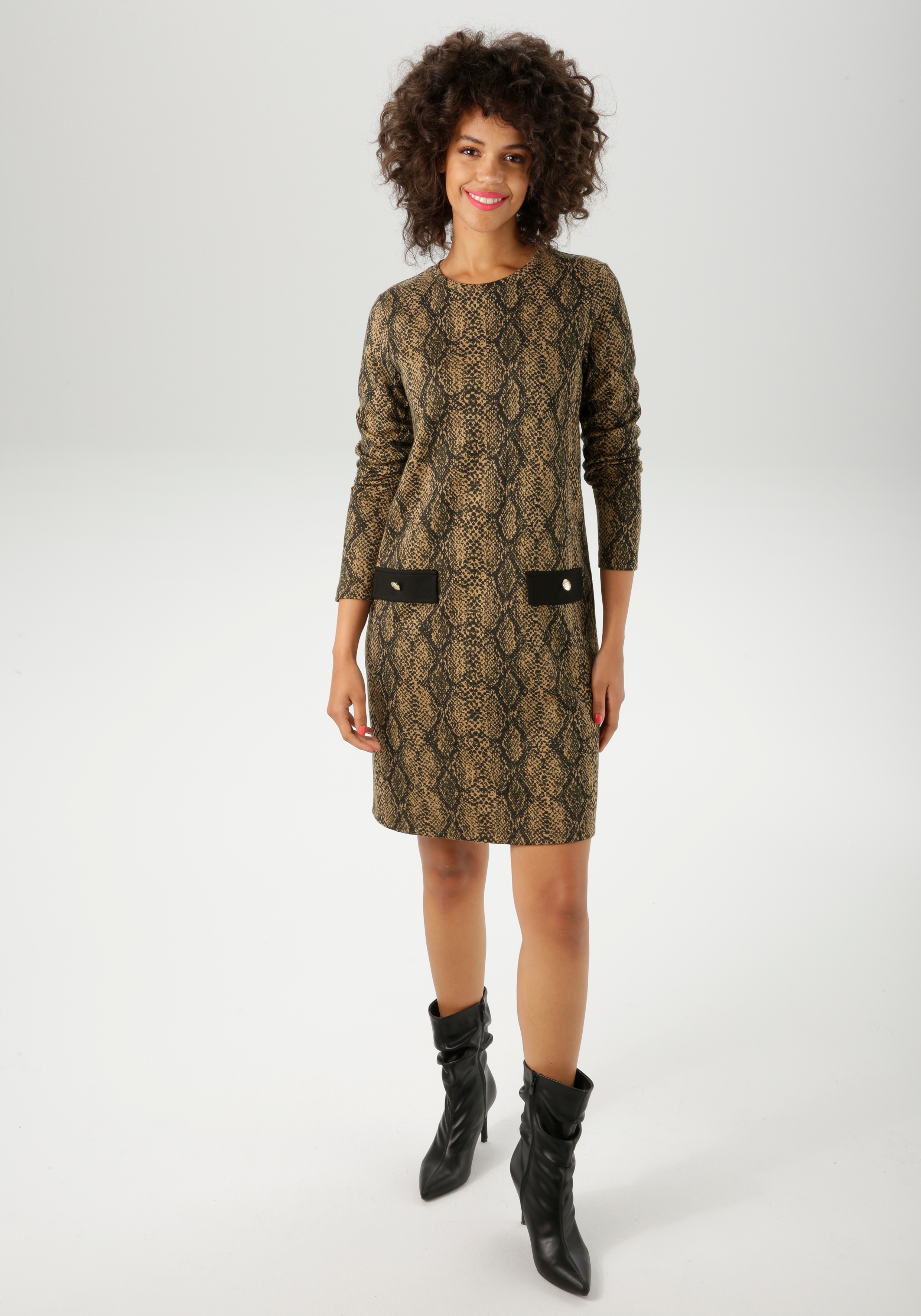 Jerseykleid ANISTON CASUAL, Damen, Gr. 48, N-Gr, schwarz (beige, oliv, schwarz), Jersey, Obermaterial: 70% Polyester, 28% Viskose, 2% Elasthan, Jacquardmuster, Schlangenoptik, gemustert, figurumspielend kniefrei, Rundhals, Kleider Jerseykleid, im...