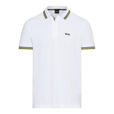 Poloshirt BOSS GREEN "Paddy", Herren, Gr. L, open weiß112, Jersey, Obermaterial: 100% Baumwolle, casual, regular fit, hoch geschlossener Ausschnitt, Kurzarm eng Bündchen, Shirts, mit kontrastfarbenen Streifen am Kragen Image