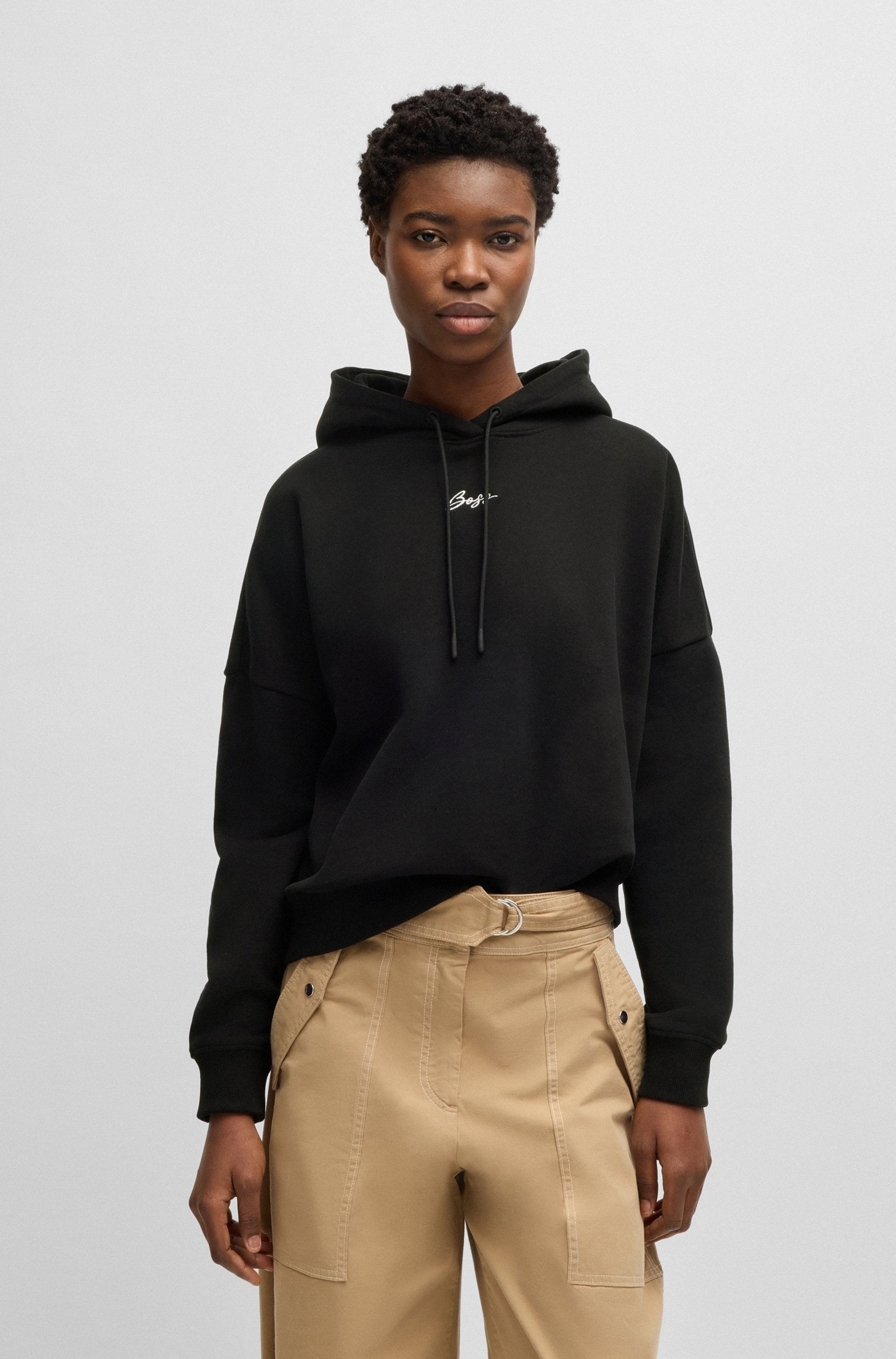 Hoodie BOSS ORANGE "Ehoody Premium Damenmode", Damen, Gr. M (38), schwarz (schwarz 001), Sweatware, Obermaterial: 100% Baumwolle, unifarben, normal, angesetztes Bündchen, Sweatshirts Hoodie, mit gesticktem Logo