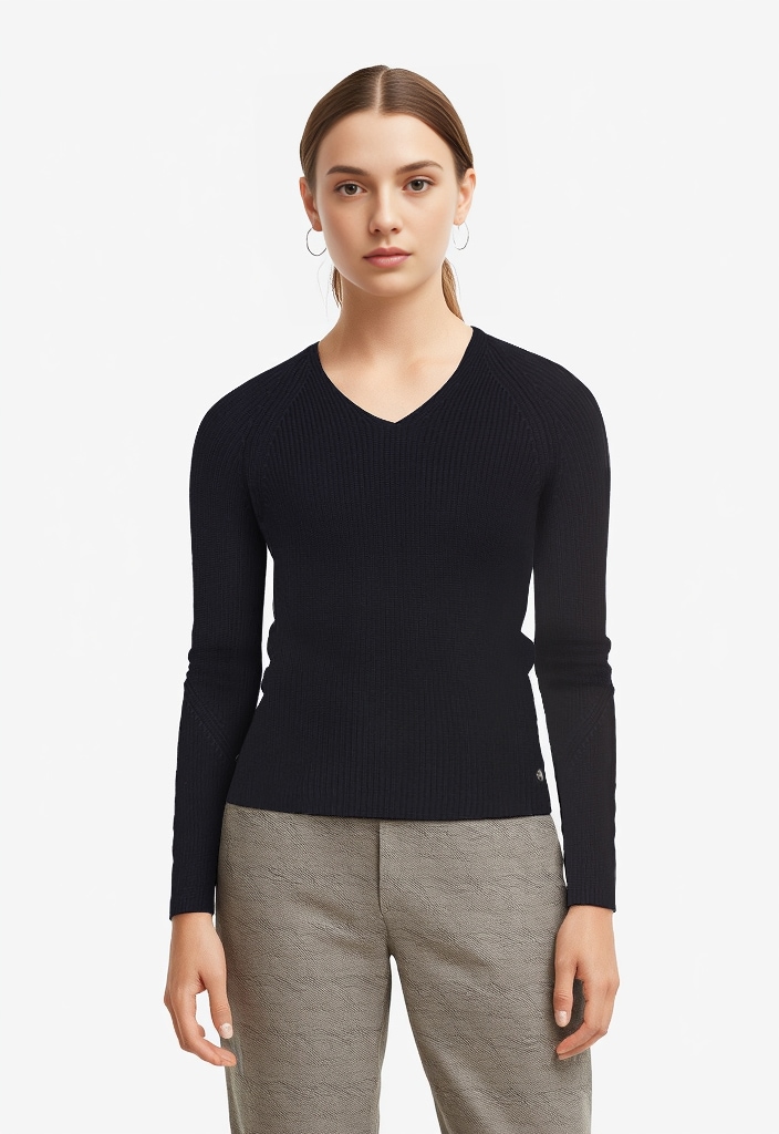 Strickpullover BOSS ORANGE "Fardella Premium Damenmode", Damen, Gr. XL, blau (dunkelblau 408), Strick, Obermaterial: 100% Baumwolle, unifarben, V-Ausschnitt, Pullover Strickpullover, mit Ajouré-Details