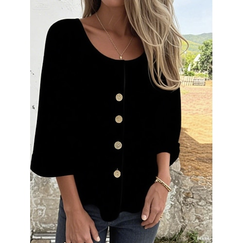 Damen Bluse Einfarbig Elegant Stilvoll Lässig Langarm Rundhalsausschnitt Normale Oberteile Täglich Ferien Blau Schwarz Weiß Braun Beige Frühling Herbst Image