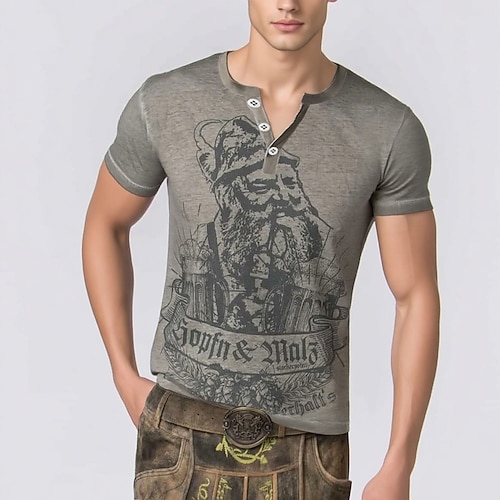 Lederhosen T-Shirt Match Henley-Shirt Bayerisch München Deutsch alpin Erbe T-Shirt Ärmel Grafik für Herren Erwachsene 3D-Druck für Karneval Oktoberfestbier Party Image
