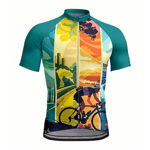 Herren Damen Radtrikot Grafik Geometrisch Kurzarm Fahhrad Trikot Oberteil mit 3 Gesäßtaschen UV-beständig Schnelltrocknend Frontreißverschluss Reflektierende Streifen Sport Grün Bekleidung Image
