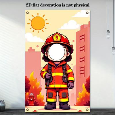 TEMU A 2d Flat Banner Measuring 43.3x70.9 Inches Featuring A Fireman, Decorations , Birthdays, Family Gatherings, And As A Backdrop For Photography And Photo Booths. Image