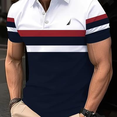 TEMU Men's Summer Golf Shirt - Breathable Polyester, Casual Striped Design With Button-up Collar, Short Sleeve, Lightweight & Moisture-wicking For Golf, Gym, Or Casual Attire Image
