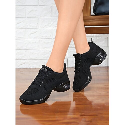 Schwarze Tanz-Sneakers mit Schnürung aus Mesh für Damen – atmungsaktive, leichte Jazzschuhe mit Luftpolstersohle für professionelles Training und Auftritte Image