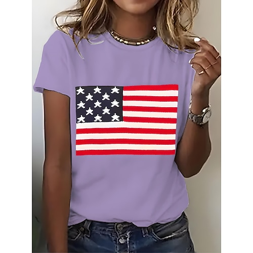 Unabhängigkeitstag patriotisches Shirt Damen T-Shirt Grafik Flagge Nationalflagge Vintage stilvoll klassisch Kurzarm Crewneck Rundhals Alltag Druck Schwarz Weiß Pink Blau Lila Sommer Frühling Image