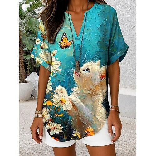 Damen Bluse V-Ausschnitt Grafik Tierisch Täglich Stylisch Lässig Kurzarm Reguläre Tops Täglich Urlaub Grün Blau Salbeigrün Blau Staubiges Blau Sommer Frühling