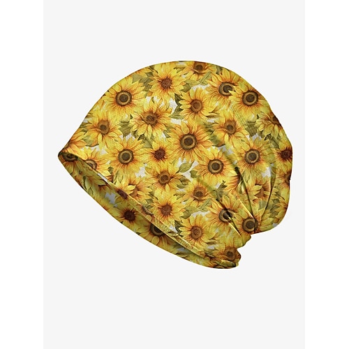 Beanie-Mütze mit Sonnenblumen-Print für Damen, leichte Freizeitmütze aus Stretch-Polyester, weiche und atmungsaktive Kopfbedeckung, kann als Halstuch verwendet werden, geeignet für Freizeitkleidung, Outdoor-Aktivitäten und Reisen Image