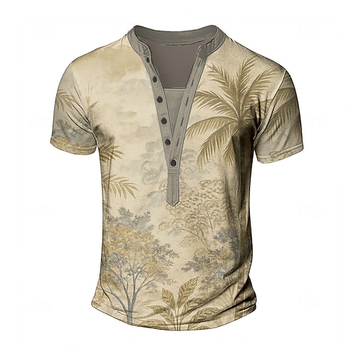 Herren Palme T Shirt Henley Hemd T-Shirt Kurzarm Designer Basic Klassisch Outdoor Lässig Täglich Sommer Dunkel Braun Grau Khaki Henley Henley T-Shirt Image
