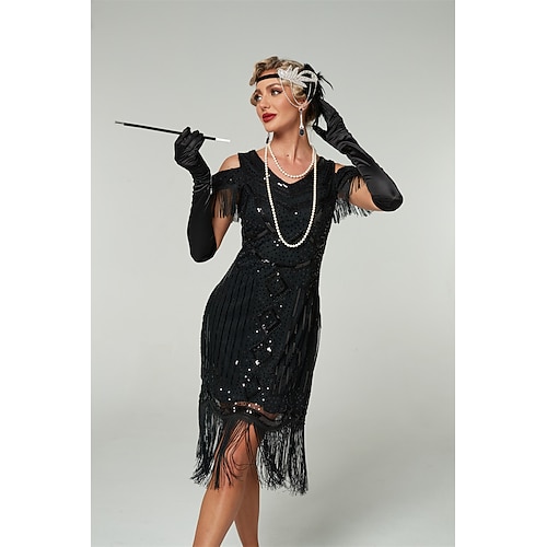 Retro Vintage Goldene Zwanziger 1920er Knielang Flapper Kleid Kleid Outfits Kalter Schulter-Ärmel Der große Gatsby Hochzeitsgast Pailletten Quastenfransen V Ausschnitt Kostüm Damen Weihnachten Image