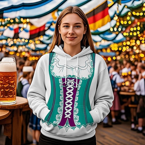 Kapuzensweatshirt Druck Lässig Bayerisch Bischofsärmel Fronttasche Grafik für Damen Erwachsene 3D-Druck für Karneval Oktoberfestbier Urlaub Party Image