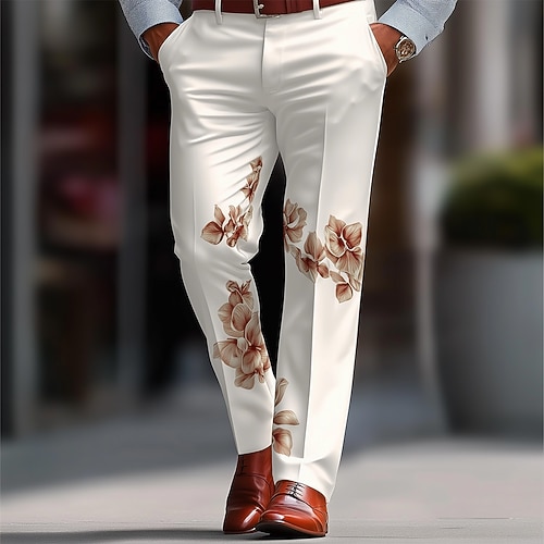 Herren Blumendruck Blumen Anzughose Hose Mittlere Taille Lässig Formell Outdoor Urlaub Normale Passform Flache Front Gerade geschnittene Hose mit Taschen Sommer Frühling Herbst 3D-Druck Braun Kaki Image