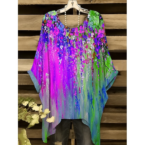 Damen Bluse Blumen Grafik Elegant Vintage Täglich Kurzarm Fledermaus Ärmel Rundhalsausschnitt Normale Oberteile Täglich Ferien Urlaubskleidung Gelb Rote Purpur Grün Sommer Frühling