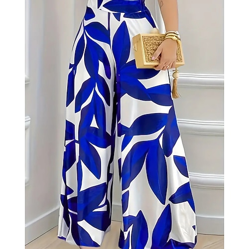 Damen Stoffhosen Palazzo-Hose Streetwear Lässig Volle Länge Natürliche Taille Blume Drucken Bequem Außenbereich Straße Ausgehen Dunkelviolett Magenta lichter Ocker Grau Herbst Normale Passform Image