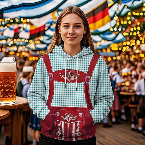 Kapuzensweatshirt Druck Lässig Bayerisch Bischofsärmel Fronttasche Grafik für Damen Erwachsene 3D-Druck für Karneval Oktoberfestbier Urlaub Party Image