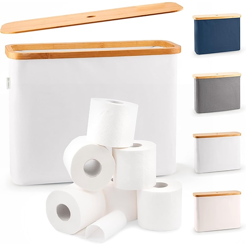 Toilettenpapieraufbewahrung für 12 Rollen, stapelbar und faltbar – der ultimative Badezimmer-Organizer – wasserdichter Korb mit Bambusdeckel – eleganter Toilettenpapierhalter Image