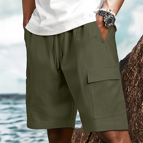 Herren Cargo-Shorts Shorts Leinenshorts Sommershorts Strandshorts Kordelzug Elastischer Bund Mehrere Taschen Einfach Knielang Outdoor Lässig Täglich Urlaub Hawaiianisch Schwarz Weiß Unelastisch Image