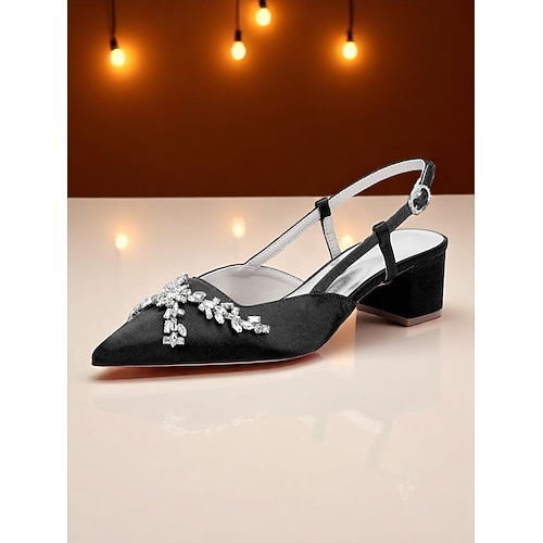 Champagnerfarbene Brautjungfernschuhe für Damen, Slingback-Pumps mit niedrigem Blockabsatz, spitzer Zehenpartie und Kristallschleife, elegante und bequeme Schuhe Image