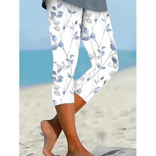 Damen Leggings Urlaub Vintage Basic Wadenlang Hohe Taille Grafik Blatt Schnelltrocknend Weich Bequem Dehnbar Lässig Täglich Ferien Rubinrot Gelb Rote Grün Sommer Frühling Schmale Passform Image