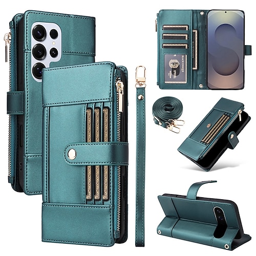 Handy Hülle Handyhüllen Für Samsung Galaxy S25 S25 Edge S24 S24 FE S23 Ultra Plus S22 Plus Ultra Brieftaschenhülle Mit Ständer Reisverschluss Vollschutz Retro TPU PU-Leder Image