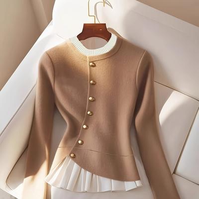 TEMU Women's Elegant Beige Sweater - Soft Round Neck Pullover With Golden-tone Buttons, Machine Washable Top For Casual & Formal Outfits, Sweater, Everyday , Sophisticated Design, Image