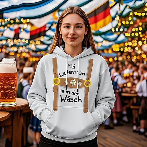 Kapuzensweatshirt Druck Lässig Bayerisch Bischofsärmel Fronttasche Grafik für Damen Erwachsene Heißprägen für Karneval Oktoberfestbier Urlaub Party Image