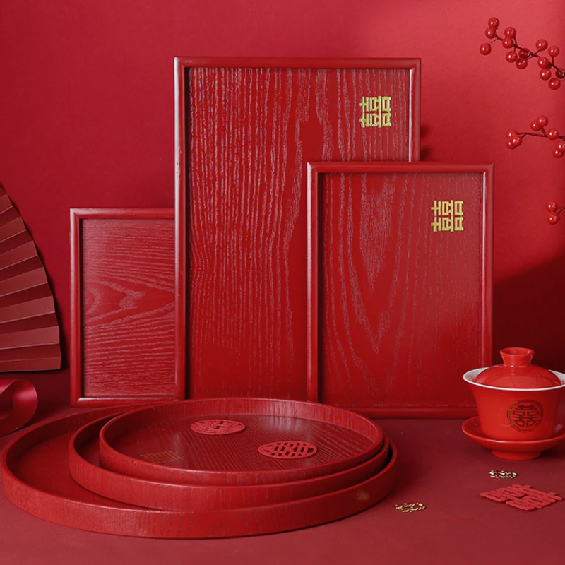 Chinesische rote Holz tablett Hochzeit Tee Tablett Küche Lagerung Dessert Snacks Essteller Massivholz Service Tablett Geschirr Lagerung