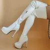 LAIGZEM Frauen Oberschenkel Hohe Plattform Stiefel Kunstleder Weiß Stiefel Mit Hohen Absätzen Seitlichem Reißverschluss Weibliche Damen Schuhe Frau Große Größe 42 43 46 52