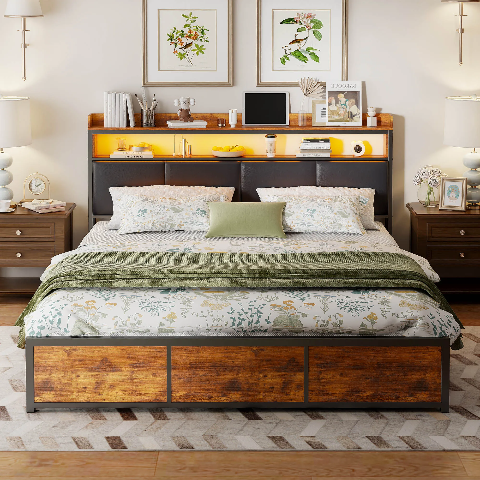 Comanlai Schwarzes PU-Polsterbett, Metallbettgestell, Doppelbett aus Holz mit 4 Schubladen und Stauraum-LED-Kopfteil Image