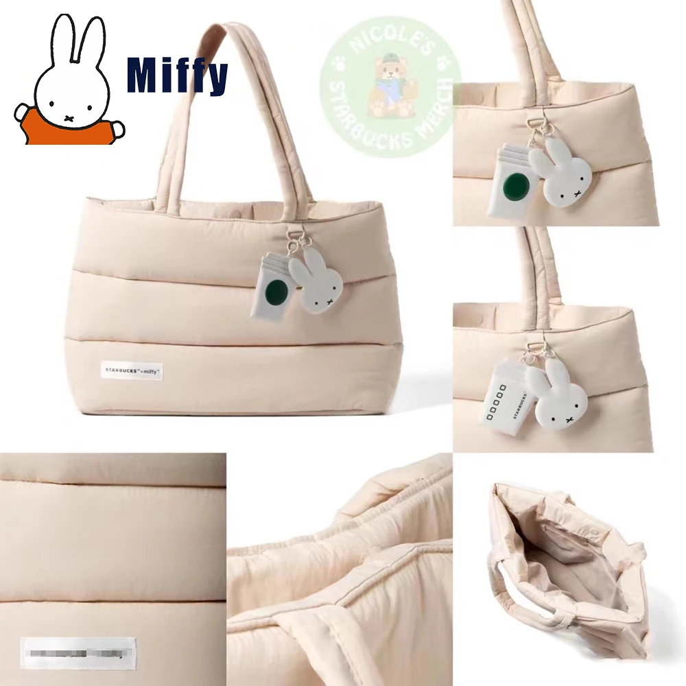Kawaii Miffy Starbucks Thema Puffer Einkaufstasche Niedliche Kaninchen Schulter Handtasche Schule Große Kapazität Plüsch Puppe Dekoration Mädchen Geschenk Image