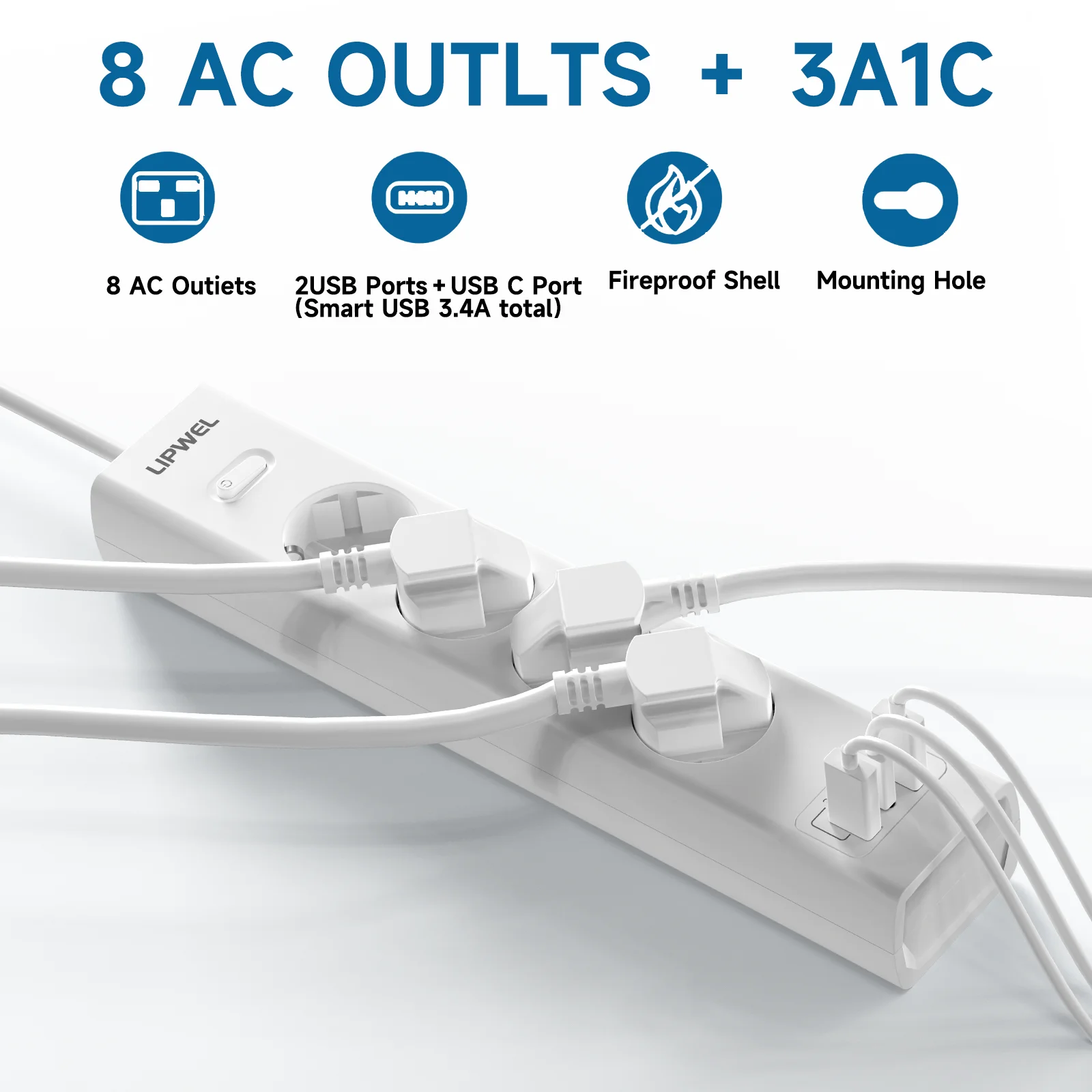 Integrierte EU-Steckdose mit 3/5 AC-Steckdosen, 2 USB 1 Typ C, Netzsteuerschalter, 3 m Verlängerungskabel Image