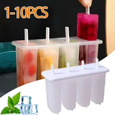 1-10PCS 4-Cell Ice Pop Mold with Lid DIY Popsicle Maker BPA Free Reusable Plastic Freezer Tray Homemade Ice Cream Snow Cone Mold