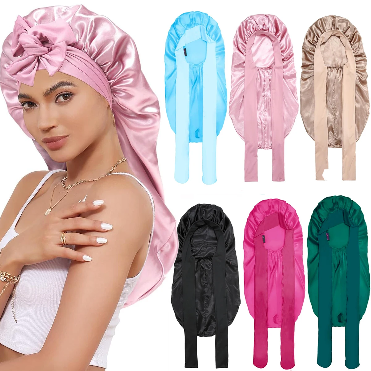 Weiche, seidige, lange Satin-Mütze für natürliches Haar und lockiges Haar, extra große Haarkappe mit Krawatte für bequemen Nachtschlaf, 1 Stück Image